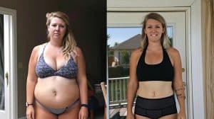 Before and after weight loss transformation showing a woman in a bikini, illustrating fast and sustainable weight loss results related to medical weight loss programs.