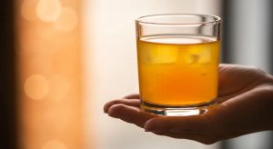 Hand holding a glass of orange vitamin drip, symbolizing IV vitamin therapy for health and wellness at UCO Medical Clinic.