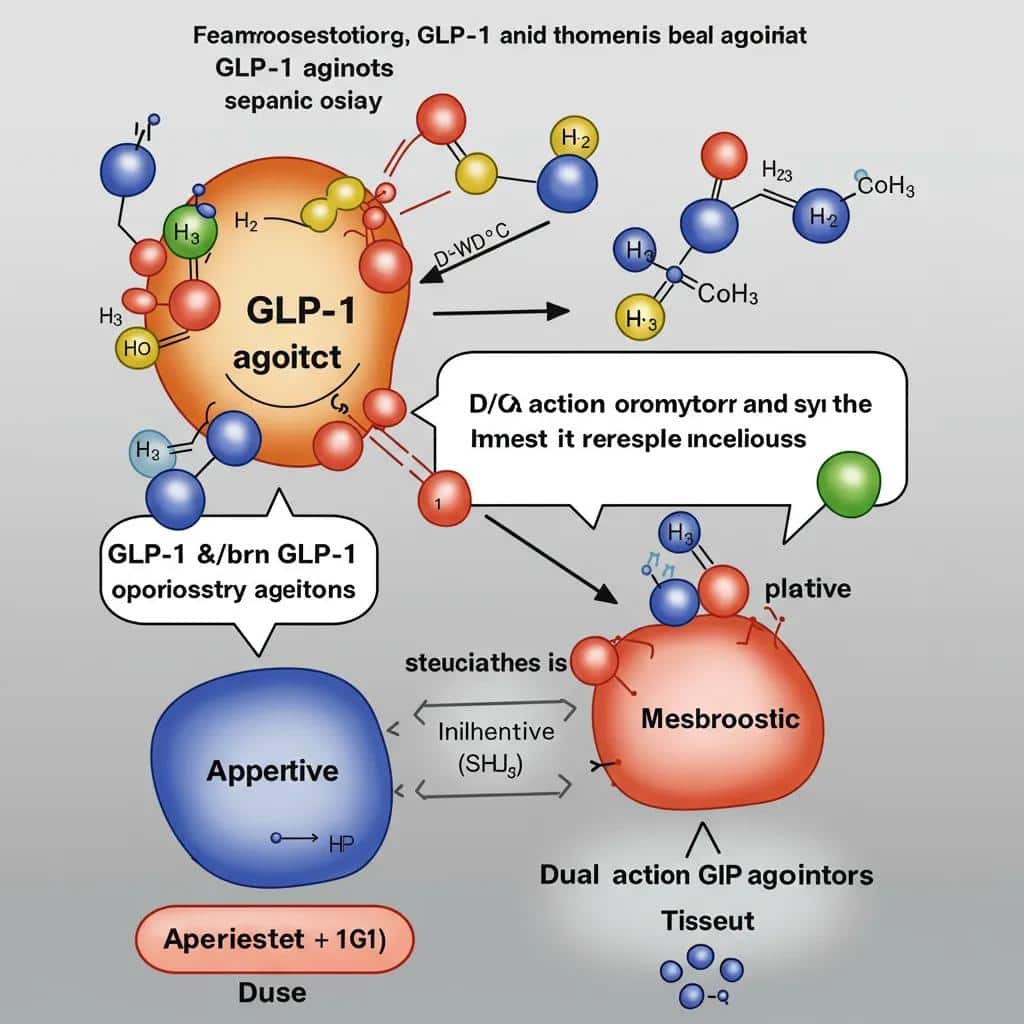 Abstract representation of GLP-1 and GIP agonists illustrating their combined effects on appetite and metabolism