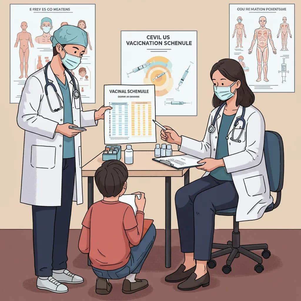 Civil surgeon explaining vaccination schedules to a parent and child in a medical office