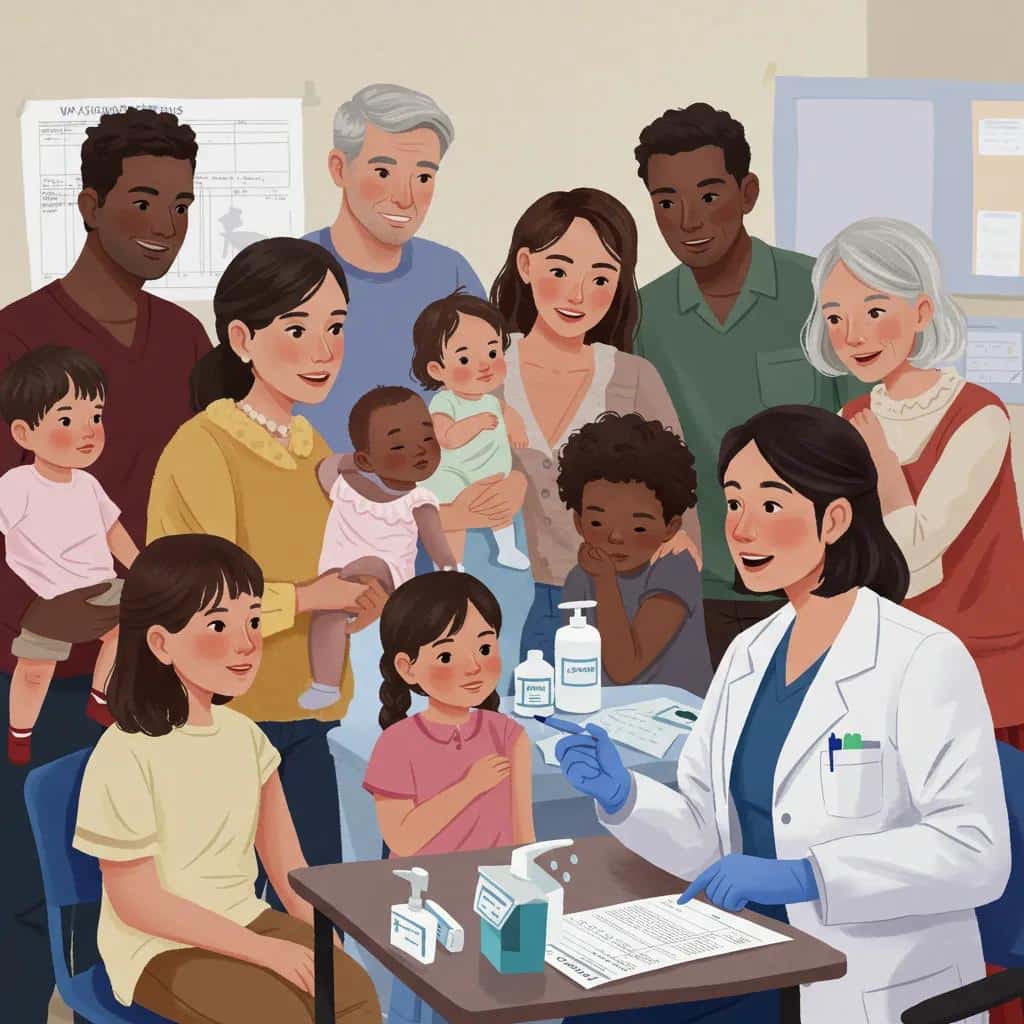 Diverse group of individuals in a healthcare setting discussing vaccination requirements for green card applicants