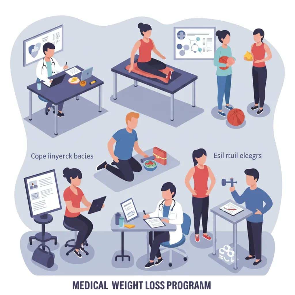 Diverse group participating in a medical weight loss program, showcasing healthy activities and community support