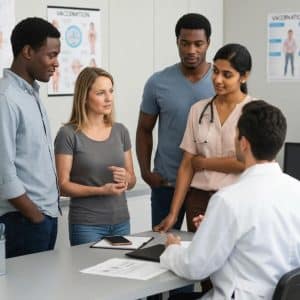 Group of diverse individuals consulting with a civil surgeon about green card vaccination requirements and I-693 immigration medical exam.