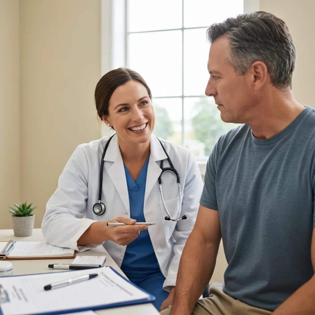 Healthcare professional explaining nausea relief strategies for semaglutide and tirzepatide in a clinical setting