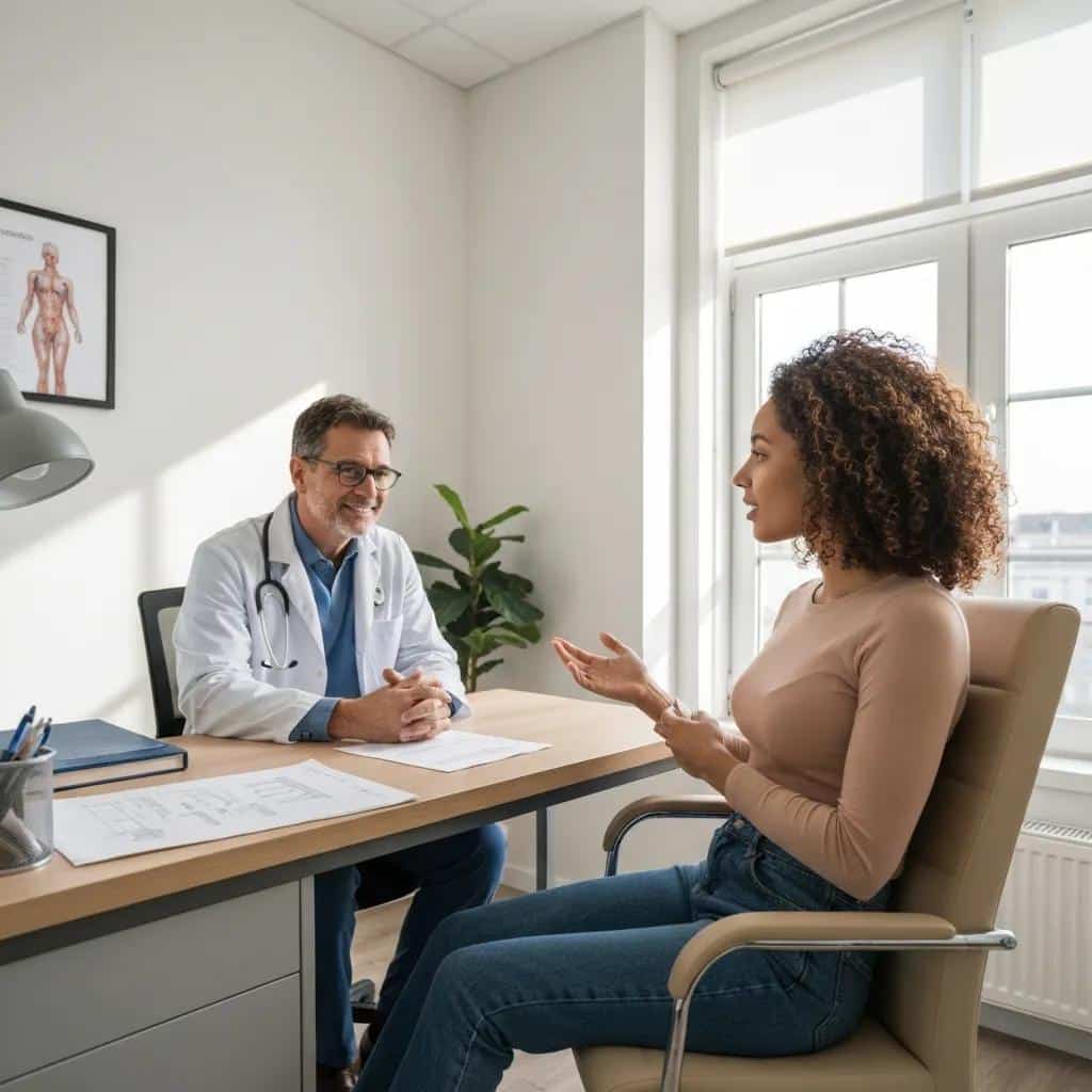 Patient discussing weight loss injections with a healthcare professional in a clinical setting