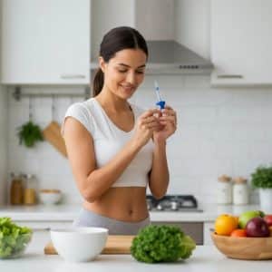 Person preparing a weight loss injection in a bright kitchen, surrounded by fresh vegetables and fruits, emphasizing health and wellness.