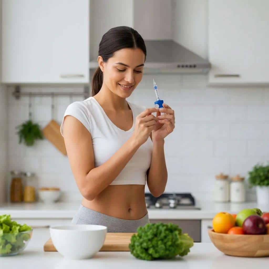 Person administering a weight loss injection in a bright kitchen, emphasizing health and wellness