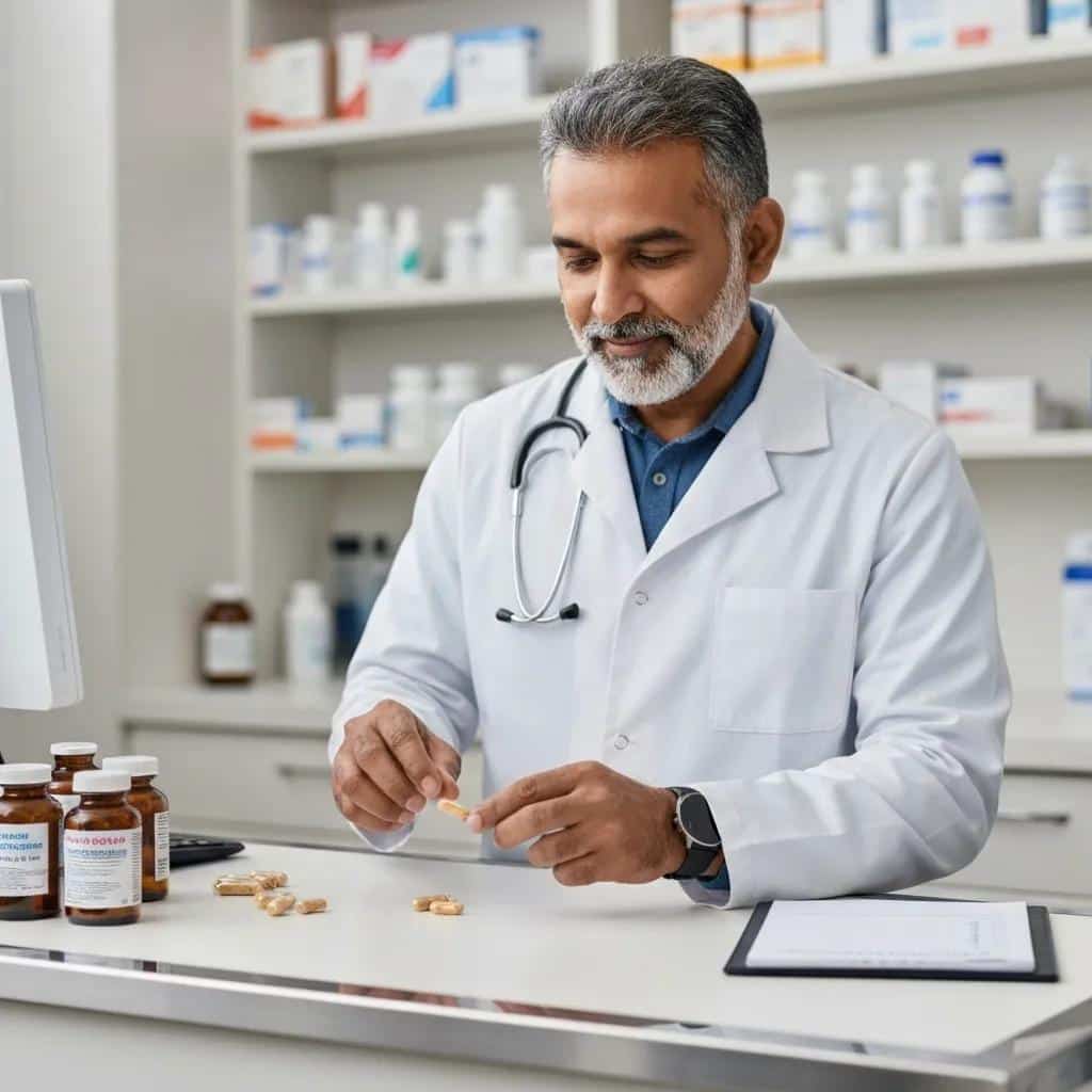 Pharmacist preparing over-the-counter anti-nausea medications for patients experiencing GLP-1 therapy side effects