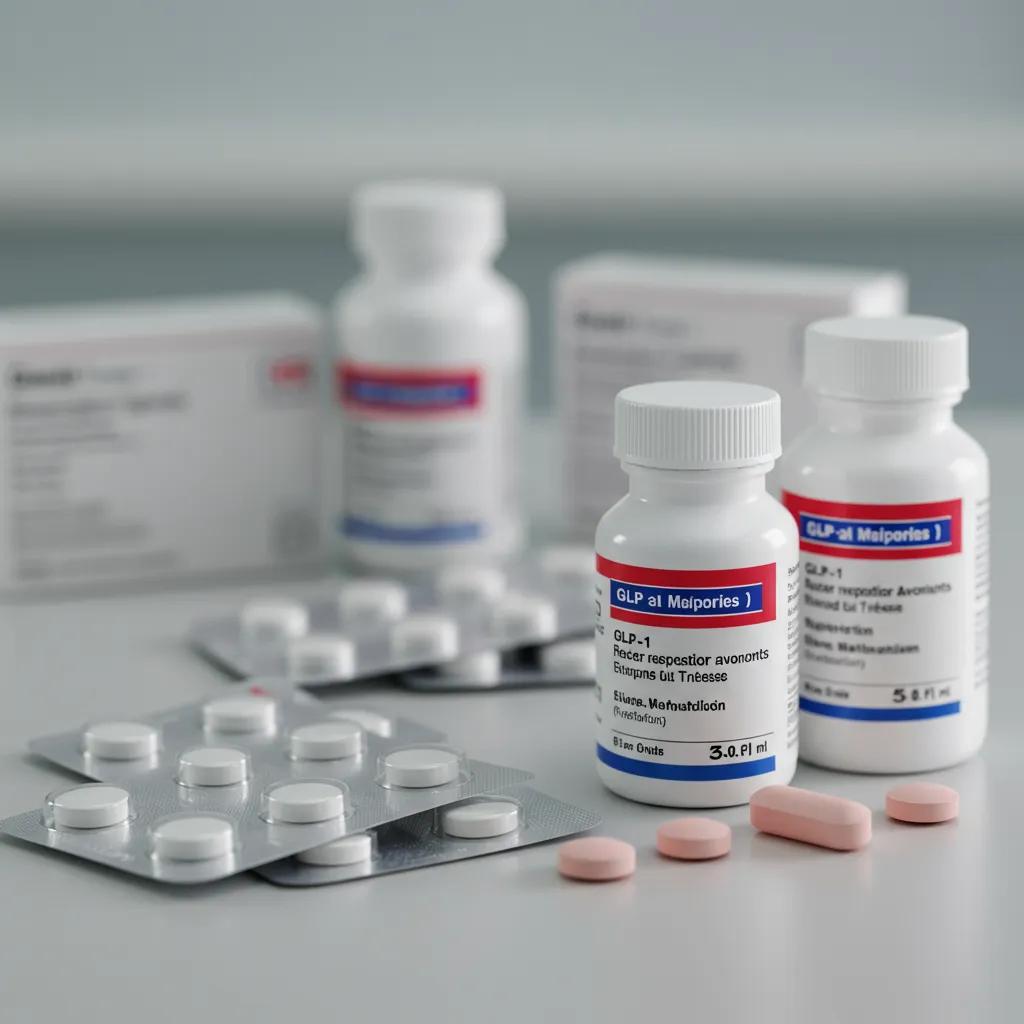 Selection of prescription weight loss medications including GLP-1 receptor agonists in a clinical setting