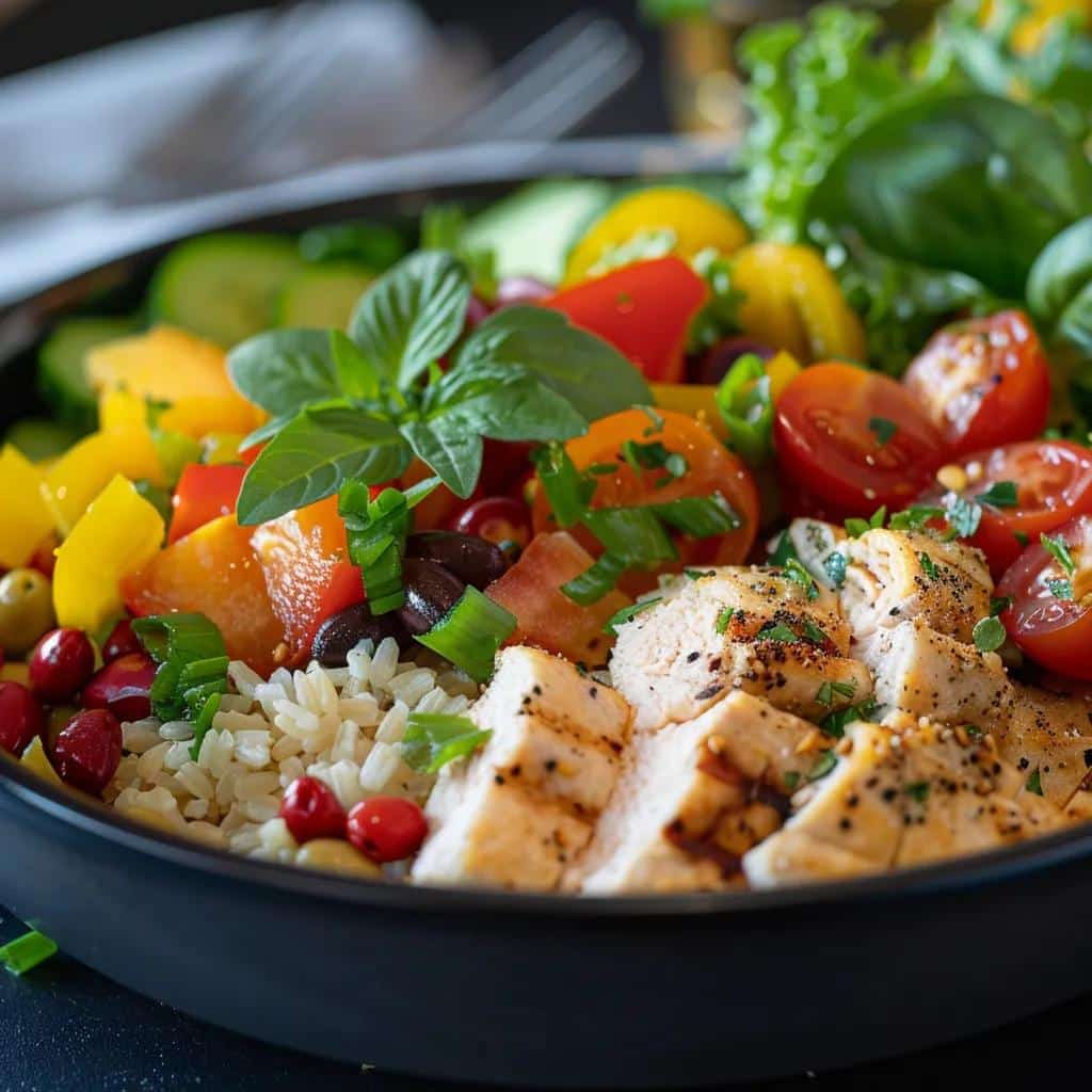 Bowl of nutrient-dense foods featuring grilled chicken, brown rice, colorful vegetables like bell peppers and cherry tomatoes, topped with fresh herbs, supporting healthy eating and portion control for weight management.