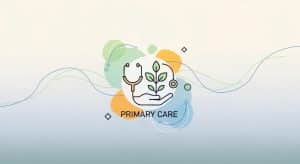 Icon representing primary care with a stethoscope and a plant, symbolizing health and wellness in a colorful design.
