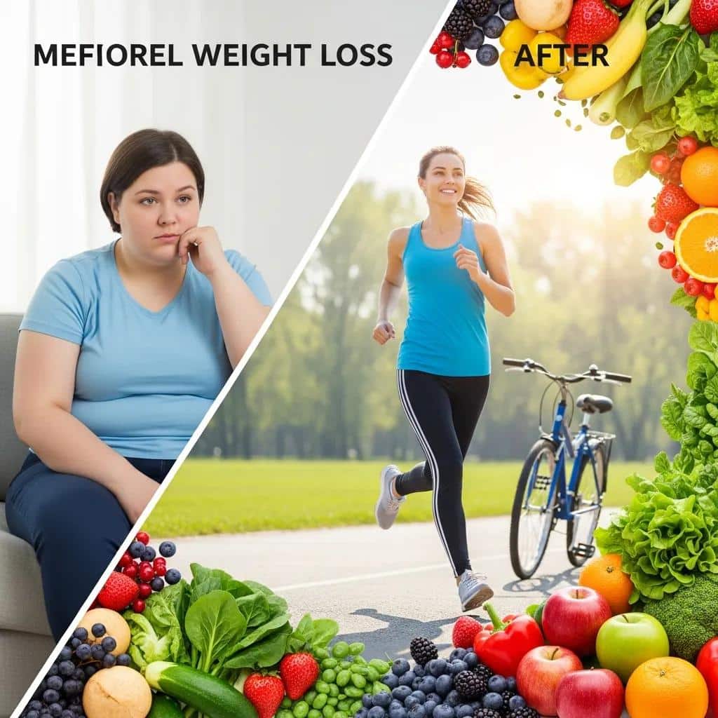 Before and after comparison of weight loss journey, featuring a woman transitioning from a seated, contemplative pose in a blue shirt to an active, joyful running posture in a blue tank top, surrounded by vibrant fruits and vegetables, symbolizing health and lifestyle changes associated with medical weight loss programs.