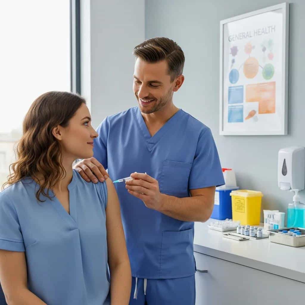 Adult receiving vaccination from nurse in modern healthcare facility, emphasizing vaccination importance for USCIS I-693 medical exam.