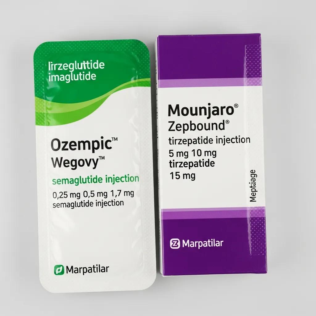 Ozempic and Mounjaro injectable weight loss medications packaging, highlighting semaglutide and tirzepatide labels, relevant to obesity treatment and metabolic management.