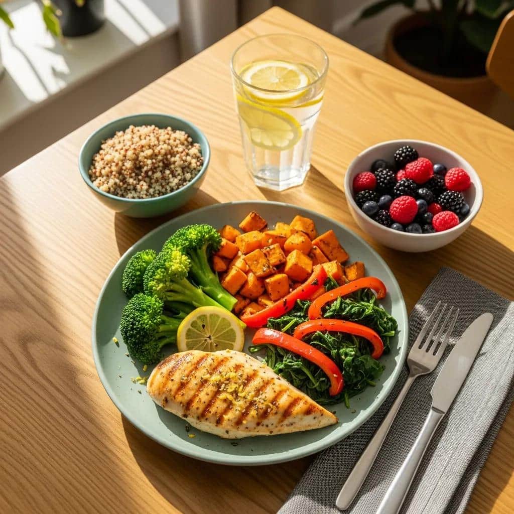 Colorful healthy meal featuring grilled chicken breast, steamed broccoli, roasted sweet potatoes, saut&eacute;ed spinach with red bell peppers, served with quinoa, mixed berries, and a glass of lemon water, promoting healthy eating practices for weight loss and metabolic health.