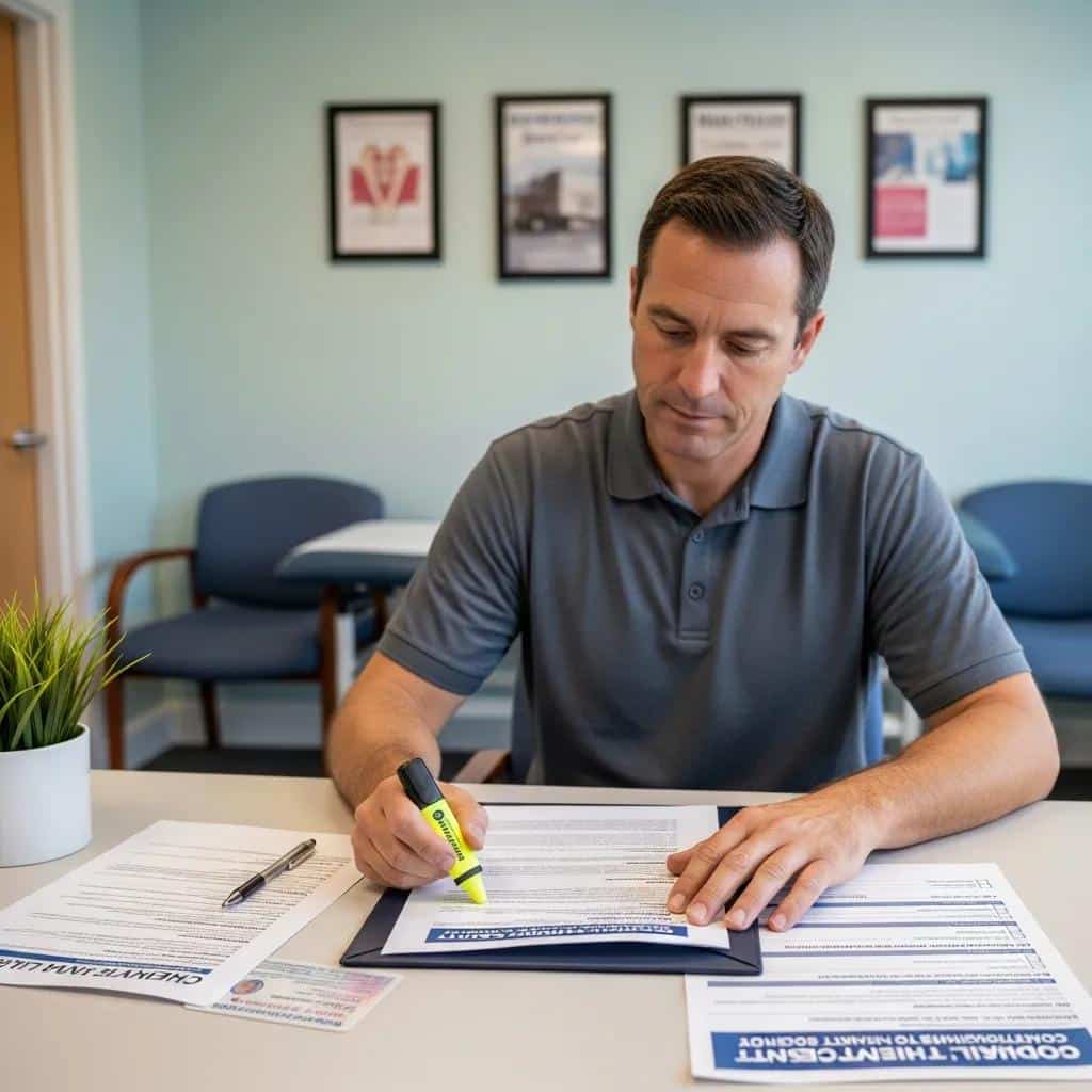 Man reviewing and highlighting documents in a professional setting, preparing for a DOT physical exam at UCO Medical Clinic, with medical forms and a driver's license on the table.
