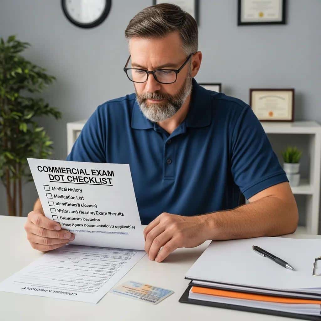 Commercial driver reviewing DOT physical exam checklist, including medical history and identification requirements, at UCO Medical Clinic.