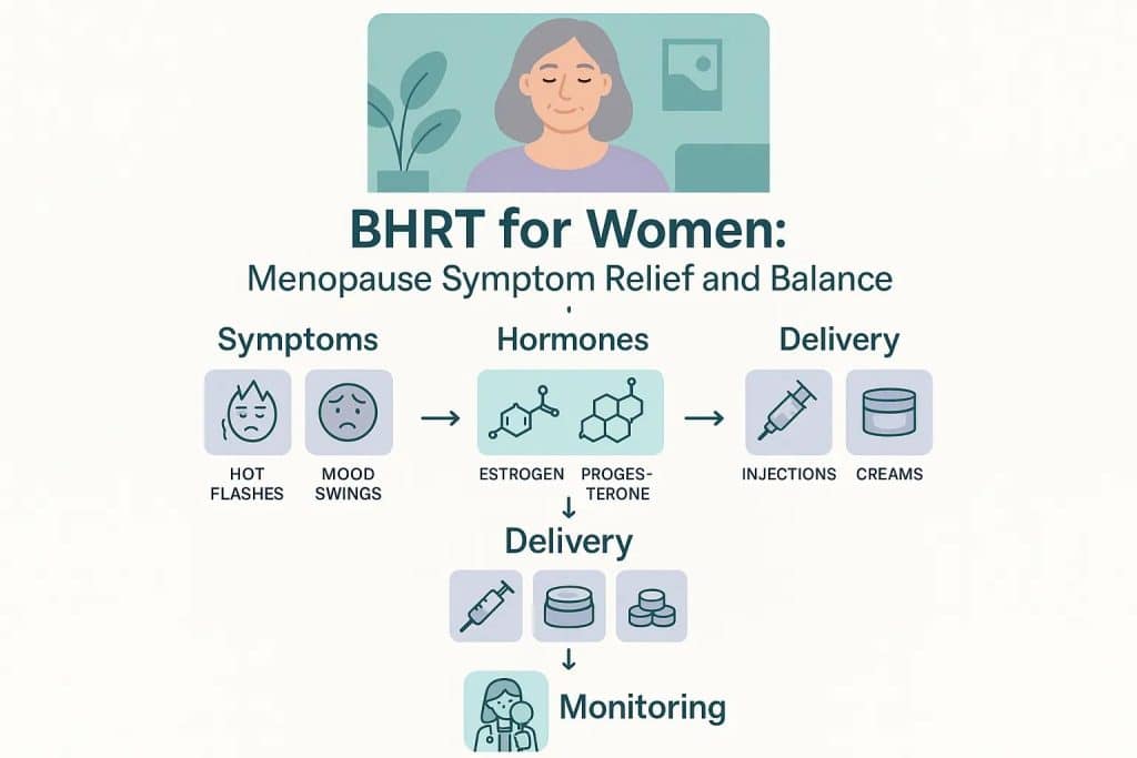 BHRT for women infographic illustrating menopause symptom relief, featuring icons for hot flashes, mood swings, hormones (estrogen, progesterone), delivery methods (injections, creams), and monitoring.
