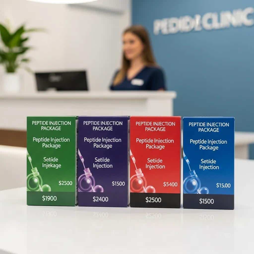Display of peptide injection packages with pricing options for medical weight loss at UCO Medical Clinic, featuring green, purple, red, and blue boxes labeled "Peptide Injection Package" and corresponding costs.