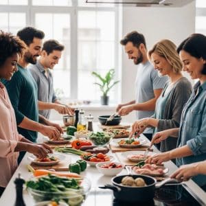 Diverse group of individuals preparing healthy meals together in a modern kitchen, emphasizing community support for weight loss and nutrition.