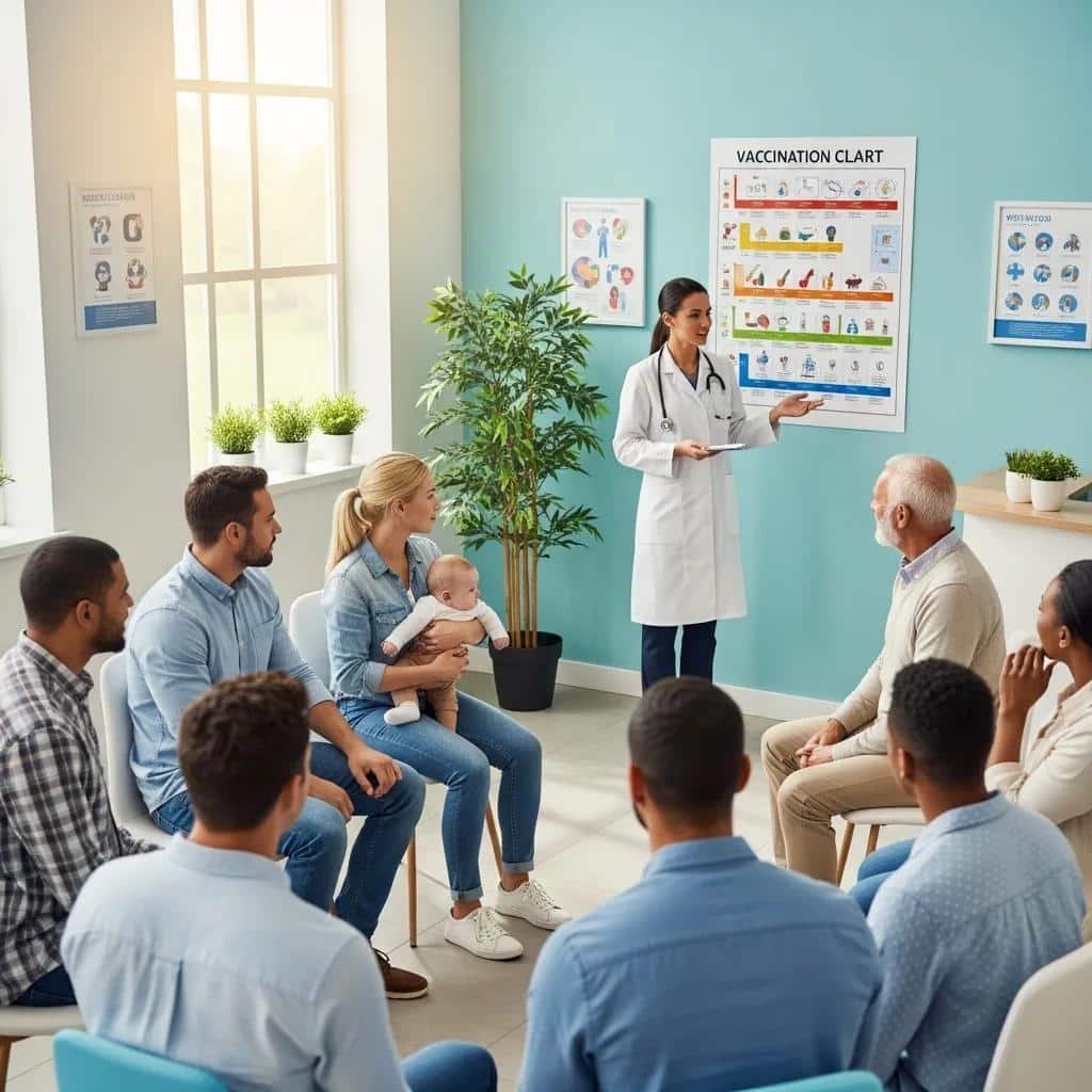 Diverse group of individuals in a healthcare setting listening to a doctor explain USCIS I-693 vaccine requirements, with a vaccination chart displayed on the wall.