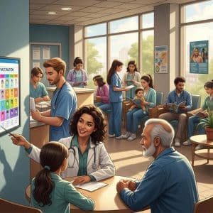 Diverse group of individuals receiving guidance at a medical clinic, focused on USCIS vaccination requirements, with healthcare professionals assisting patients in a welcoming environment.