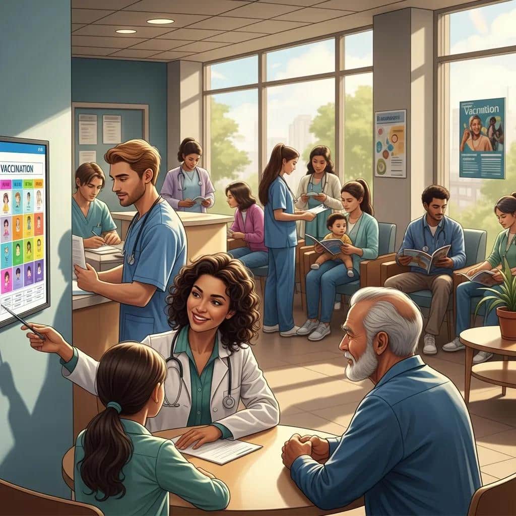 Diverse group of individuals receiving guidance at UCO Medical Clinic for USCIS vaccination requirements, featuring healthcare professionals and patients in a welcoming clinic environment.