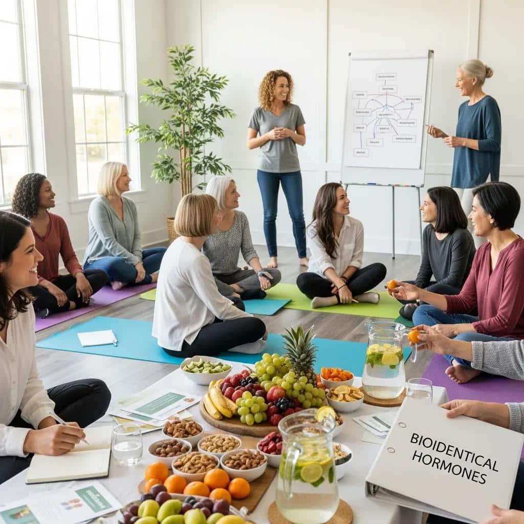 Diverse group of women participating in a wellness workshop focused on bioidentical hormones, seated on yoga mats with healthy snacks and drinks, discussing hormonal health and well-being.