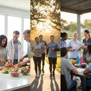 Diverse group participating in a physician-supervised weight loss program, engaging in healthy cooking, outdoor exercise, and group support discussions, reflecting sustainable lifestyle changes.
