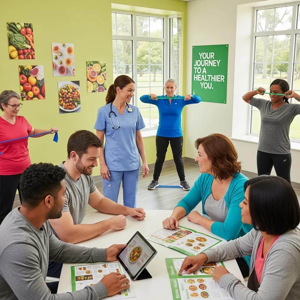 Diverse individuals participating in a medical weight loss program, guided by a healthcare professional, engaging in exercises and discussing meal plans in a supportive environment.
