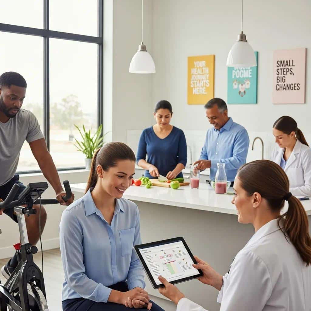 Diverse individuals participating in a medical weight loss program at UCO Clinic, featuring a woman consulting with a healthcare professional, a man exercising on a stationary bike, and others preparing healthy meals, emphasizing community support and healthy lifestyle choices.