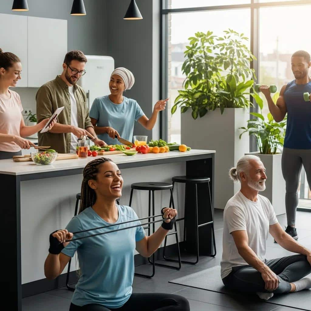 Diverse individuals engaging in healthy activities, including cooking with fresh vegetables and exercising with resistance bands, highlighting the benefits of peptide therapy for weight management and overall wellness.