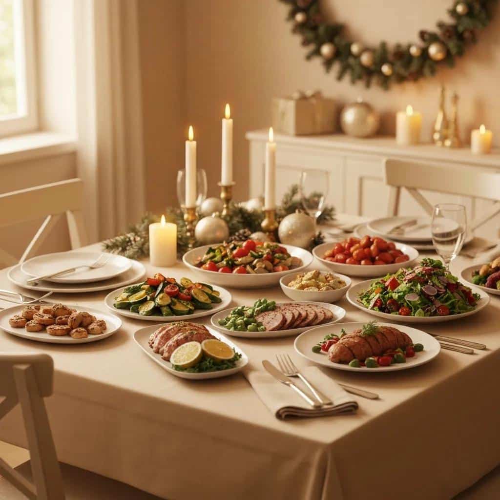 Festive holiday dining table with healthy foods promoting weight maintenance during the holidays