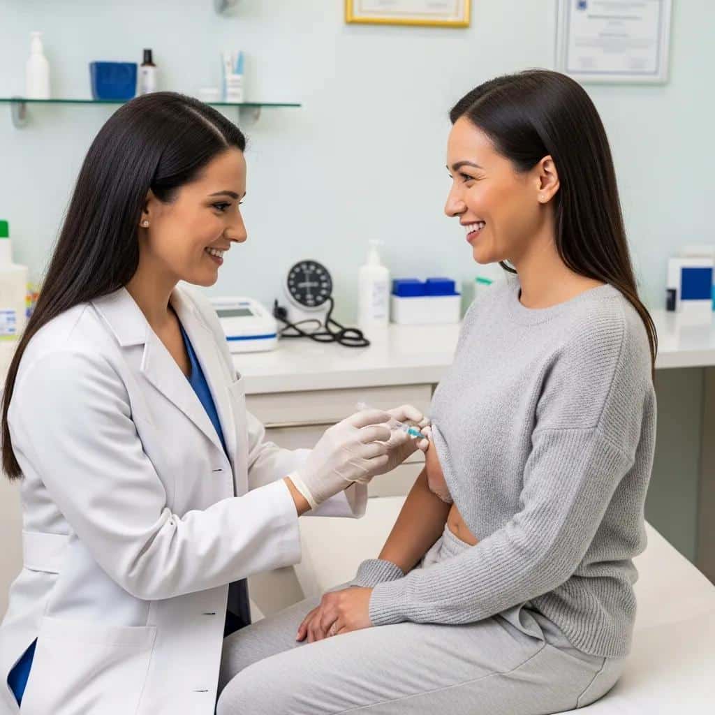 Healthcare professional administering peptide injection to a patient in a modern clinic, emphasizing injectable weight loss therapy.