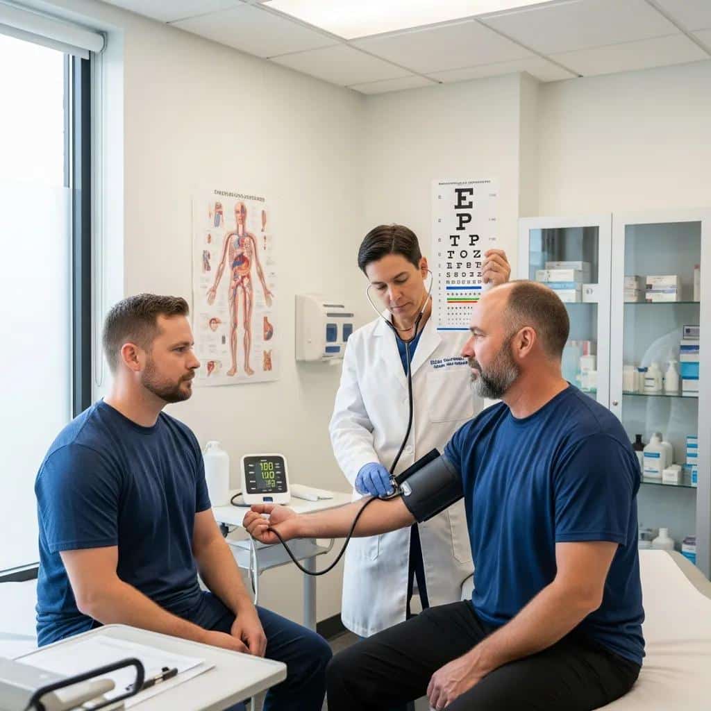 Healthcare professional conducting a DOT physical exam on a commercial driver, measuring blood pressure and assessing vision in a clinical setting, with anatomical chart and medical equipment visible.