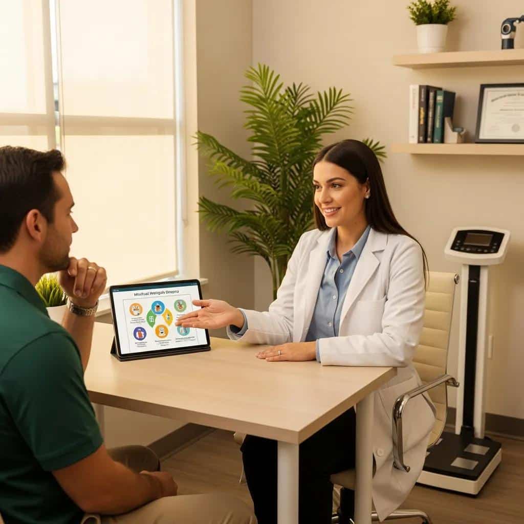 Healthcare professional consulting with a patient about medical weight loss options, discussing peptide therapy and treatment plans, in a clinical setting at UCO Medical Clinic.
