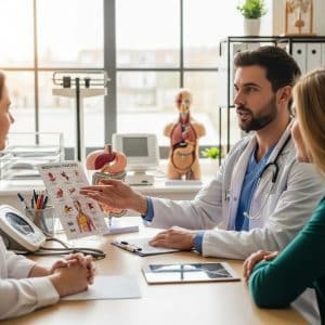 Healthcare professional consulting with patients about injectable weight-loss options, discussing charts and diagrams in a clinical setting.