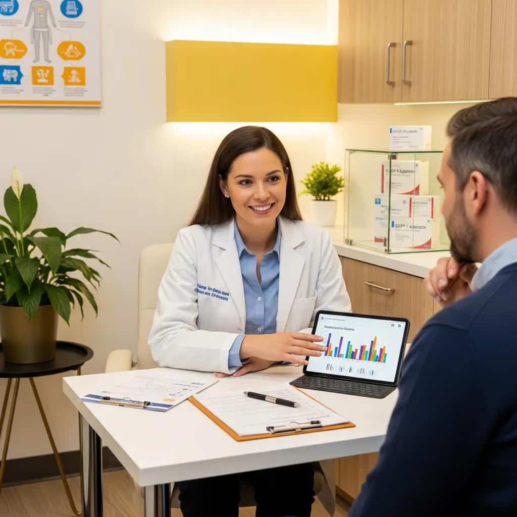 Healthcare professional consulting with a patient about prescription weight-loss medications in a clinical setting, displaying charts on a tablet and discussing medical weight-loss programs.