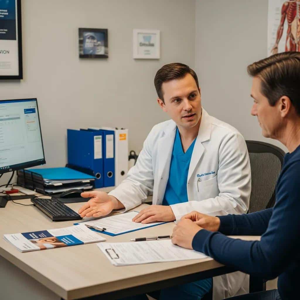 Healthcare professional discussing medical waivers and vaccination requirements with a patient in a consultation room at UCO Medical Clinic.