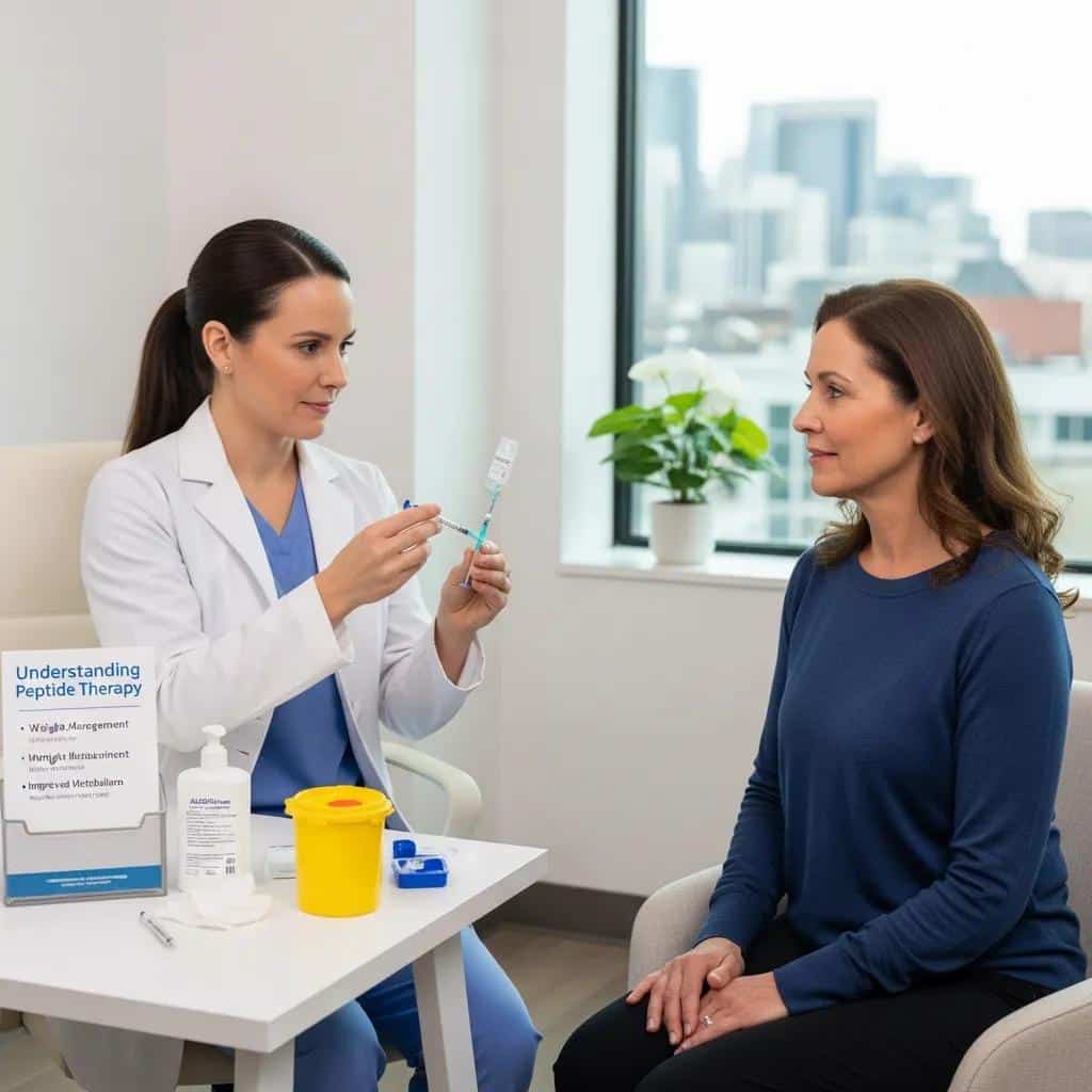 Healthcare professional demonstrating peptide therapy for weight management to a patient in a clinical setting, with informational materials on the table about peptide therapy benefits.