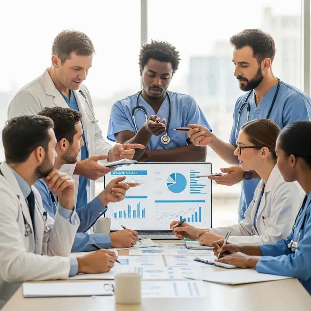 Healthcare team collaborating on a physician-supervised weight-loss program, analyzing data charts and discussing treatment strategies.