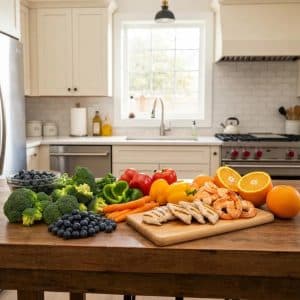 Healthy meal preparation with fresh vegetables, lean proteins, and fruits in a kitchen setting, emphasizing post-holiday detox and nutrition.