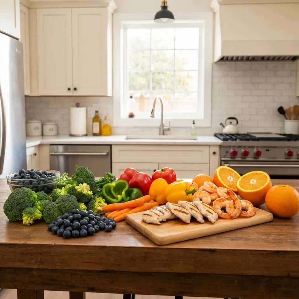 Healthy meal preparation with fresh vegetables, lean proteins, and fruits for post-holiday detox in a bright kitchen setting.
