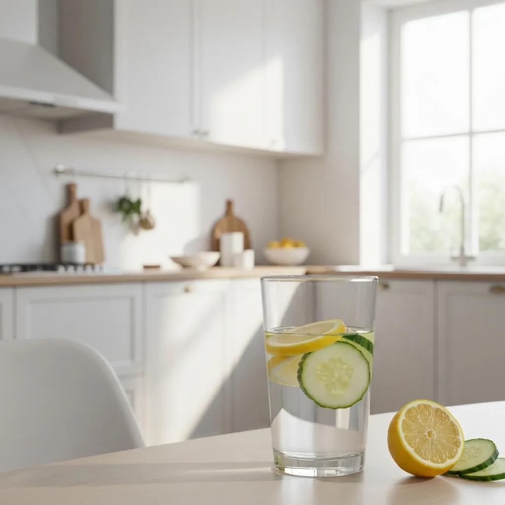 Infused water with lemon and cucumber in a glass, promoting hydration for post-holiday recovery, with a bright kitchen setting in the background.