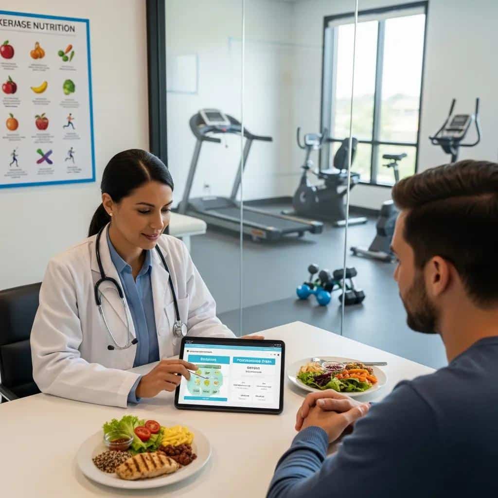 Healthcare professional discussing personalized nutrition plans with a patient in a medical weight loss program, featuring healthy meals on the table and fitness equipment in the background.