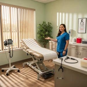Medical examination room prepared for DOT physical exam, featuring healthcare professional in scrubs, examination table, medical equipment, and natural light.