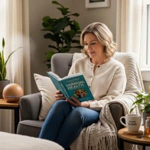 Middle-aged woman reading a wellness book titled "Hormonal Health" in a cozy home setting, emphasizing bioidentical hormone therapy and wellness.