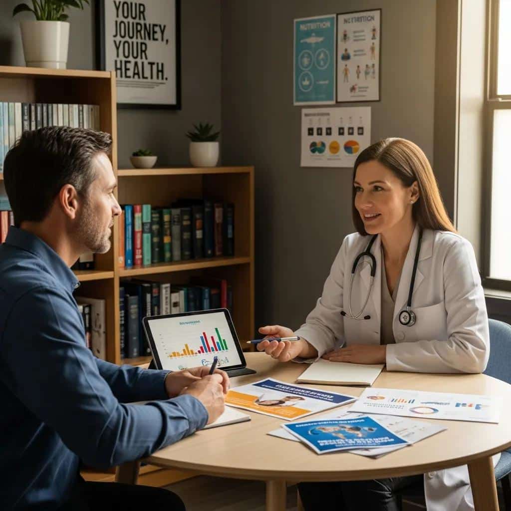 Patient consulting with healthcare provider about personalized medical weight loss journey, discussing weight management strategies, and reviewing charts on a tablet, surrounded by educational materials on nutrition and health.