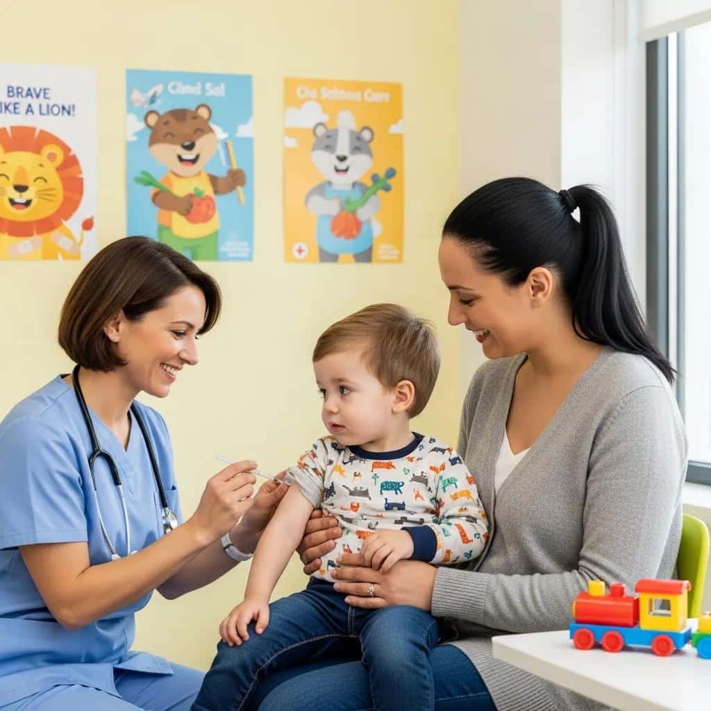 Pediatrician administering a vaccine to a young child in a friendly clinic setting, with a supportive mother present, surrounded by colorful educational posters about health.