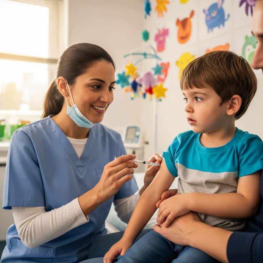 Pediatrician administering vaccine to a child in a cheerful clinic setting, emphasizing vaccination importance for USCIS I-693 medical exam requirements.